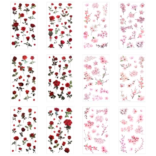 Classicseali 12 Stück Rot Vintage Blumenaufkleber,Blumensticker zum Aufkleben,Sticker Blumen zum Basteln,Scrapbook Zubehör,Kartenherstellung,Journaling,Wasserflaschen,DIY Basteldekoration von Classicseali