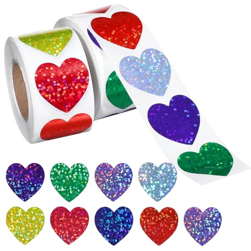 Classicseali 2 Rollen Herz Sticker Aufkleber,1000 Stück Glitzer Belohnungssticker für Kinder,2.5 cm Selbstklebende Shining Sticker Herz Aufkleber für Umschläge, Hochzeit, Lehrer, Kinder, Scrapbooking von Classicseali