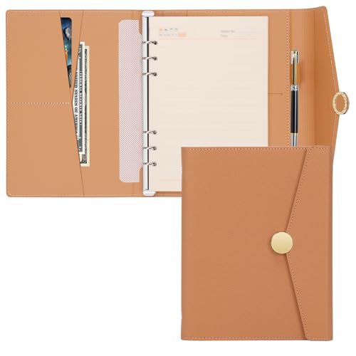 A5 Leder Nachfüllbar Ringbuch mit Magnetschnalle - 6 Ringe Binder mit Nachfüllpapier und Karte, Stiftschacht - Leder Planer Notizbuch mit Hardware Magnetic Schließen, Ringbuch (Khaki-1) von Classycoo