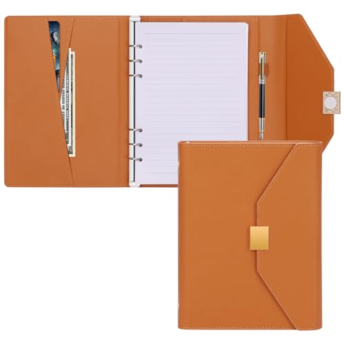 A5 Leder Nachfüllbar Ringbuch mit Magnetschnalle - 6 Ringe Binder mit Nachfüllpapier und Karte, Stiftschacht - Leder Planer Notizbuch mit Hardware Magnetic Schließen, Ringbuch-Braun (Braun) von Classycoo