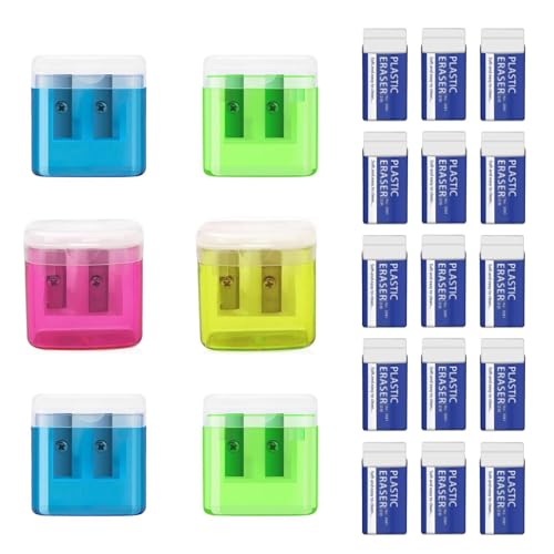 21-teiliges Schärfset Spitzer mit Dose & Anspitzer mit Behälter Set inkl 6 Spitzern (Mischfarben) + 15 Radiergummis von ClcIosis