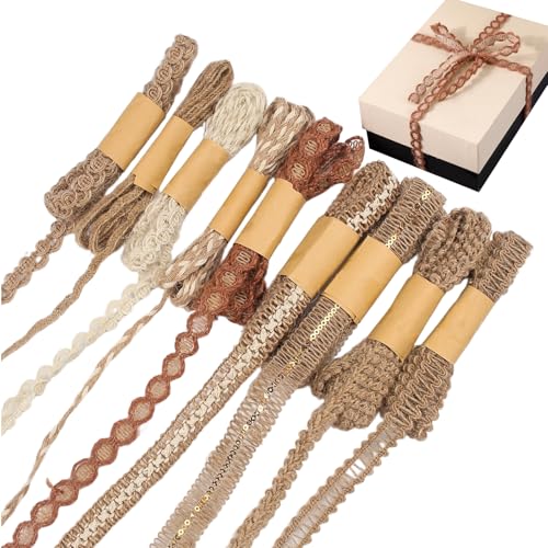 9 Rollen Jute Band, Juteband Mit Spitze, Bänder zum Basteln 2m Länge, Geschenkband Gelb Braun für DIY Hochzeit Party Geschenkverpackung Geeignet für Handwerker 9 Rollen Jute Band, Juteband Mit Spitze, Bänder zum Basteln 2m Länge, Geschenkband Gelb Braun für DIY Hochzeit Party Geschenkverpackung Geeignet für Handwerker von ClcIosis