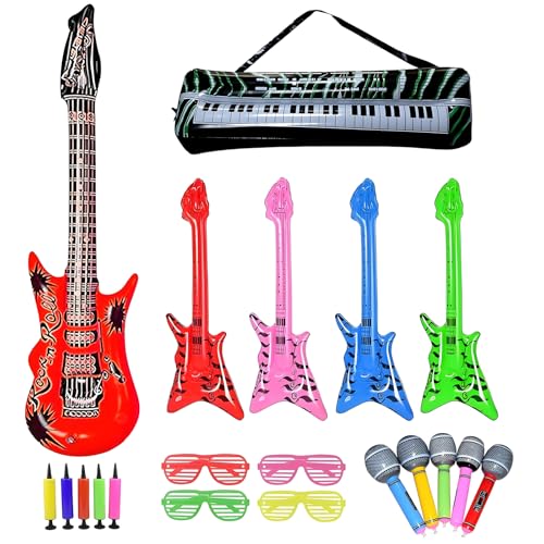 9 Stück Aufblasbare Gitarre Set, Luftgitarren Zum Aufblasen, Aufblasbare Instrumente, Fotobox Accessoires Hochzeit Party Accessoires Brille Mikrofon Bass E-Klavier Für Musik Party Dekoration 80er﻿ von ClcIosis