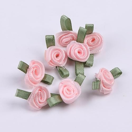 100 Stück rosa Mini-Rosen-Satinband-Applikationen Rosenknospen Zubehör Nähen, Basteln, Dekoration, Zierleisten und Verzierungen, Bänder (25 mm x 15 mm) von Cldaisy