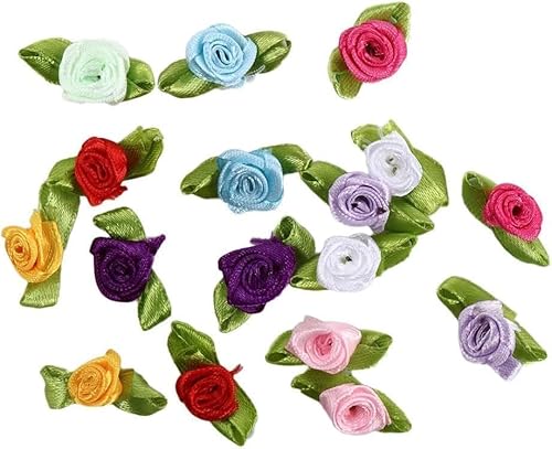 Mini-Band, Rosen-Ornament, zum Nähen, Applikationen für Jacke, Rock, Dekoration, Satin-Stoffrosen mit Blättern, 100 Stück Mini-Band, Rosen-Ornament, zum Nähen, Applikationen für Jacke, Rock, Dekoration, Satin-Stoffrosen mit Blättern, 100 Stück von Cldaisy