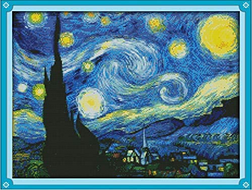 Cleana Arts Kreuzstich-Set, Sternennacht von Van Gogh, 11 Ct, 3 Stränge, geprägte Stickerei-Set, 58 cm × 43 cm von Cleana Arts