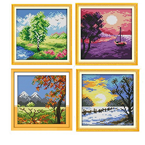 Cleana Arts Kreuzstich-Set, Vier Jahreszeiten der Landschaft, 11-fädig, 4 Stränge, geprägt, Stickset, 4 Stück von Cleana Arts