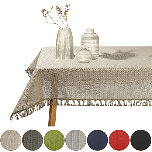 Gartentischdecke geschäumt eckig rund oval wetterfest rutschfeste Weichschaum Tischdecke abwaschbar Garten Balkon Outdoor Camping mit Fransen (Beige, Oval 160x220cm (BxL)) von Cleanlevel EST 2016