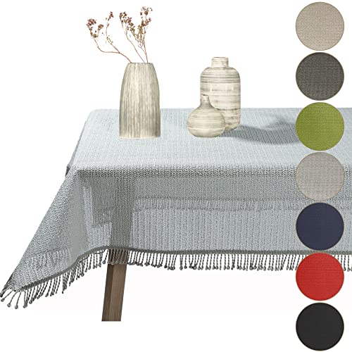 Gartentischdecke geschäumt eckig rund oval wetterfest rutschfeste Weichschaum Tischdecke abwaschbar Garten Balkon Outdoor Camping mit Fransen (Hellgrau, 130x220cm (BxL)) von Cleanlevel EST 2016