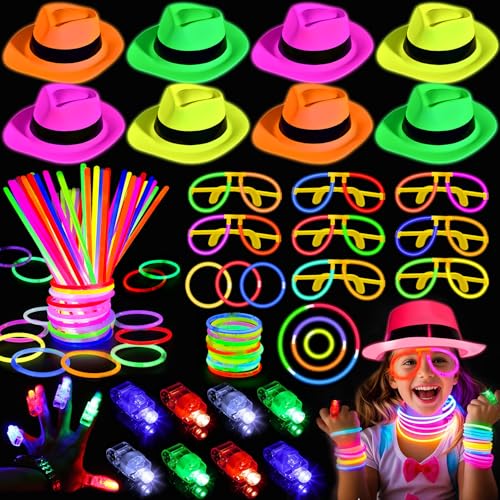 Cleboen 124STK Knicklichter Party Set Mitgebsel Kindergeburtstag Neon Hut Finger Led Knicklichter Mit Verbinder Schwarzlicht Party Leuchtstäbe Kinder Geburtstagsdeko Give Aways für Mitbringsel Kinder von Cleboen