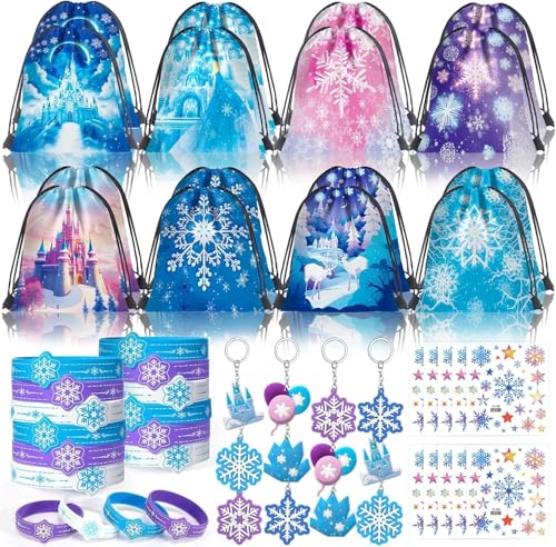 Cleboen Frozen Party Mitgebsel Kindergeburtstag Mädchen mit Kordelzug Beutel Schneeflocke Armband Silikon Schnapparmband für Elsa Eiskönigin Prinzessin Give Aways Kindergeburtstag Gastgeschenke von Cleboen