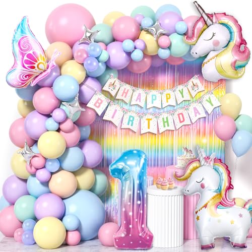 Cleboen Einhorn Deko Kindergeburtstag Mädchen 1 2 3 4 5 6 Jahre, Pastell Luftballon Girlande mit Einhorn Luftballon Lametta Vorhang, Einhorn Kindergeburtstag Decorations Party Deko (1 Jahre Alt) von Cleboen