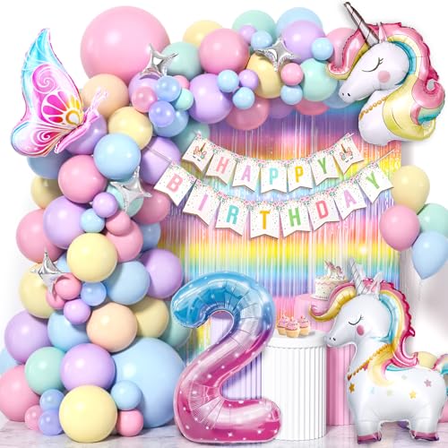 Cleboen Einhorn Deko Kindergeburtstag Mädchen 1 2 3 4 5 6 Jahre, Pastell Luftballon Girlande mit Einhorn Luftballon Lametta Vorhang, Einhorn Kindergeburtstag Decorations Party Deko (2 Jahre Alt) von Cleboen