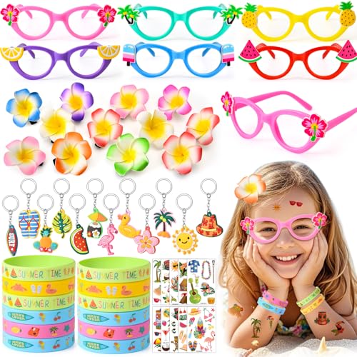 Cleboen Hawaii Party Mitgebsel Kindergeburtstag mit Sonnenbrille Haarspangen Silikonarmband Schlüsselanhängern Tattoos Sommer Party Deko Hawaiian Luau Kindergeburtstag Mädchen Kinder von Cleboen