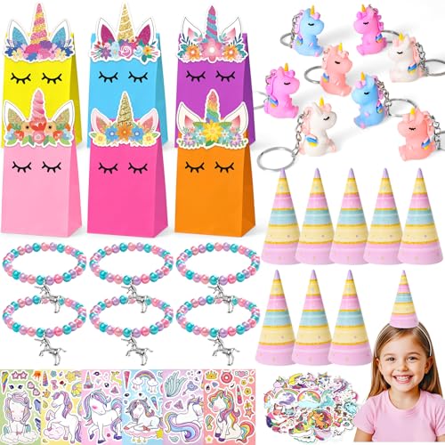 Cleboen Einhorn Mitgebsel Kindergeburtstag Mädchen Partyhüte Armbänder Schlüsselanhänger Geschenktüten mit Einhornhorn DIY Aufkleber Einhorn Give Away Mitbringsel Geburtstag Geschenke Kinder Mädchen von Cleboen
