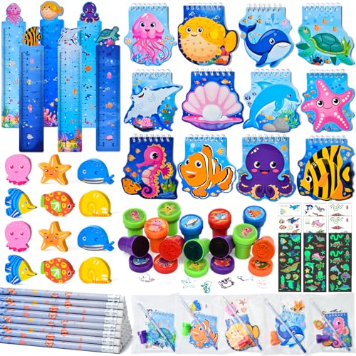 Cleboen 84STK Unterwasserwelt Mitgebsel Kindergeburtstag Gastgeschenke Notizbuch Lineal Bleistift Eraser Cellophantüten Schulanfang Einschulung Schreibwaren Set Meerestiere Give Aways für Kinder von Cleboen