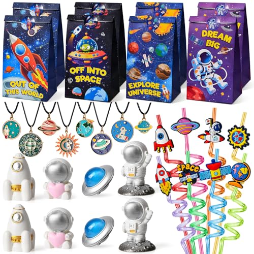 Cleboen Weltraum Party Mitgebsel Kindergeburtstag Astronauten Minifiguren Trinkhalme Kinder Geschenktüten Halskette Galaxy Astronaut Gastgeschenke Kindergeburtstag Give Aways für Jungen und Mädchen von Cleboen