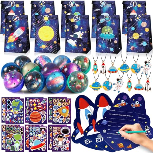 Cleboen Weltraum Party Mitgebsel Kindergeburtstag Gastgeschenk mit Einladungskarten Geschenktüten Halsketten Aufkleber Hüpfbälle Weltraum Give Aways Kindergeburtstag Pinata Füllung 6 7 8 9 10 Jahre von Cleboen