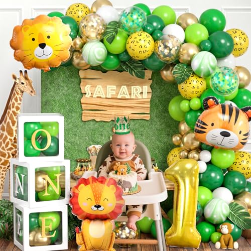 Dschungel Deko 1. Geburtstag Junge Mädchen Wild One Geburtstag Deko mit Ballonbox Geburtstagskrone Grün Luftballons Girlande Safari Kindergeburtstag Deko Baby Shower Baby Party Geburtstagsparty Deko von Cleboen