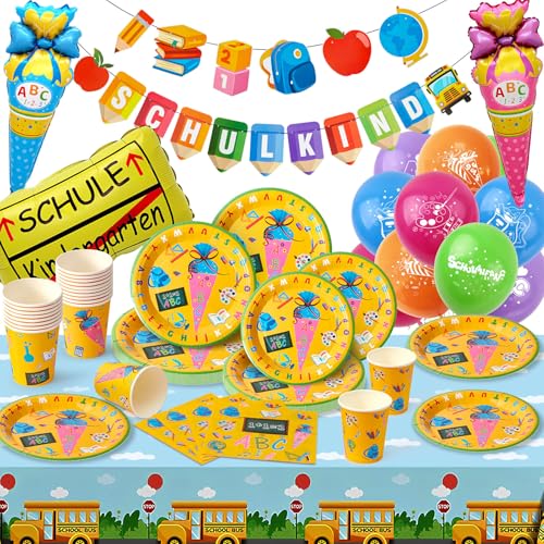 Einschulung Schulanfang Deko mit SCHULKIND Girlande Partygeschirr Set Papptellern, Servietten, Becher, Zuckertüte Folienballon, Tischdecke für 10 Gäste Einschulung Jungen Mädchen Deko Schuleinführung Einschulung Schulanfang Deko mit SCHULKIND Girlande Partygeschirr Set Papptellern, Servietten, Becher, Zuckertüte Folienballon, Tischdecke für 10 Gäste Einschulung Jungen Mädchen Deko Schuleinführung von Cleboen