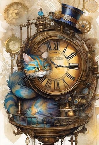 Malen Nach Zahlen Katzen und Uhren, Bastelset für Erwachsene, Kreativ Set, DIY Handgemalt Ölgemälde Kit für Anfänger, Geschenke 30X40cm von Clendo