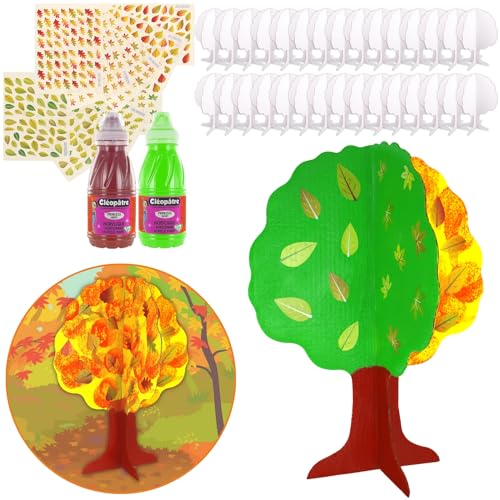 Cléopâtre CLEOPATRE – Baum der 4 Jahreszeiten – Set mit 30 Bäumen aus Karton zum Dekorieren, 1904 Aufkleber, 2 Acrylfarben – Kreativspaß für Kinder von Cléopâtre