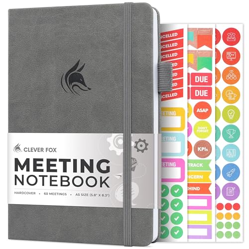 Clever Fox Meeting-Notizbuch – Organizer für Meeting-Agenda, Notizen und Aktionspunkte – Notizblock für Projektmanagement und Meetings – undatiert, Hardcover, A5, 14 x 21 cm (5,8 x 8,3 Zoll), Grau von Clever Fox