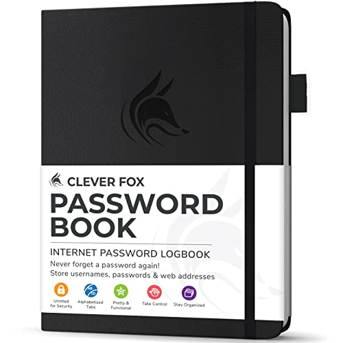 Clever Fox Passwortbuch mit Registerkarten - Adress- und Passwort-Organisationsbuch mit alphabetischen Registerkarten - Kleines Passwortbuch für Computer- und Website-Logins, Schwarz von Clever Fox