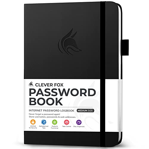 Clever Fox Passwortbuch mit Registerkarten - Adress- und Passwort-Organisationsbuch mit alphabetischen Registerkarten - Mittelgroßes Passwortbuch für Computer- und Website-Logins, Schwarz von Clever Fox