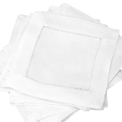 CleverDelights 12 White Pure Linen Hemstitch Cocktail Napkins - 6 x 6 cm, 100% Linen von CleverDelights