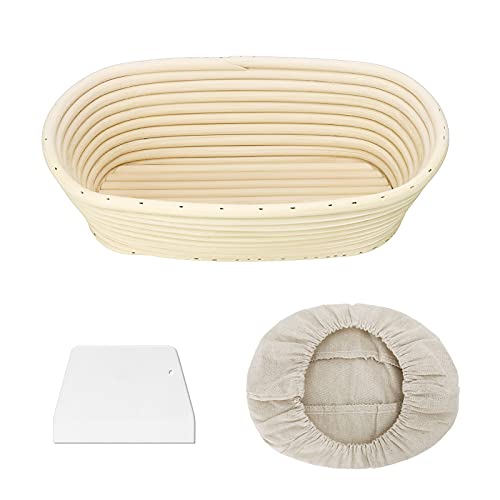 Clheatky Gärkörbchen Oval, 25 x 15 x 8.5 cm Gärkorb zum Brotbacken Set, Aus Natürlichem Peddigrohr mit Schaber und Leinen, 100% Natürlichem Rattan Gärkörbchen, Hält 500 g Teig von Clheatky
