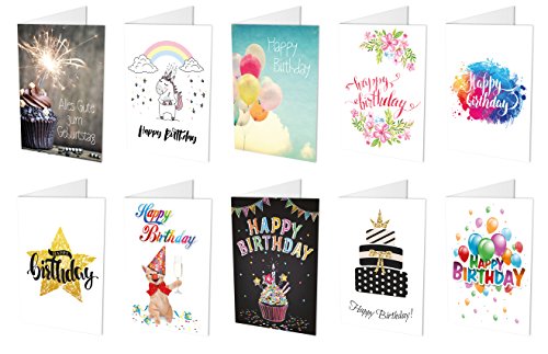 10 Geburtstagskarten (10 unterschiedliche Motive Klappkarten) + 10 hochwertige, haftklebende Umschläge, Happy Birthday, Alles Gute zum Geburtstag … (10) von Deqosy