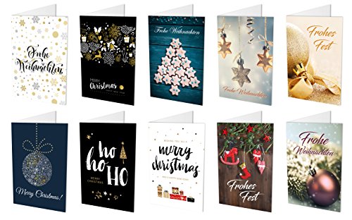 20 Weihnachtskarten (10 unterschiedliche Motive, jeweils 2 Klappkarten) + 20 hochwertige, haftklebende Umschläge, Frohe Weihnachten, Frohes Fest, Merry Christmas (20) von Deqosy