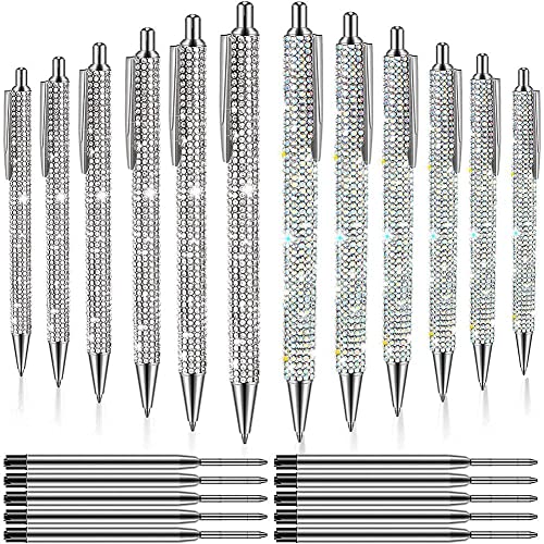 Closer 12 Stück Bling Pen Bulk Metall Kugelschreiber Diamant Stift Kristallpresse einziehbare schwarze Tinte 0,7 mm Kugelschreiber 2 Farben von Closer