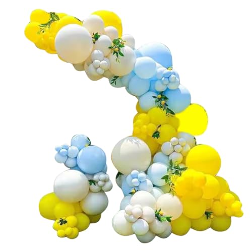 Closer Baby Shower Ballo auf Girlande, doppelt gefüllte blaue, gelbe und weiße Luftballons, wie abgebildet von Closer