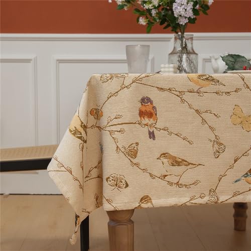 Clothfuna Quadratische Tischdecke mit Blumen und Vögeln, Leinen, abwischbar, Frühlingsblumen, wasserdichte Tischdecke für Esstisch im Freien, 130 x 130 cm, Beige 1 von Clothfuna