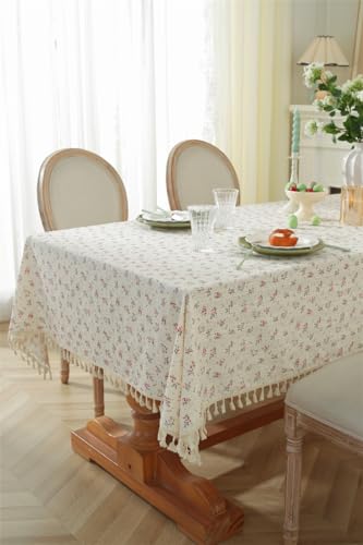 Clothfuna Tischdecke mit Blumendruck, quadratisch, Baumwolle, gestreift, Jacquard-Tischdecke für Frühling, Sommer, mit Quasten für Party, Outdoor, Geburtstag (Elfenbein, 120 x 120 cm) von Clothfuna