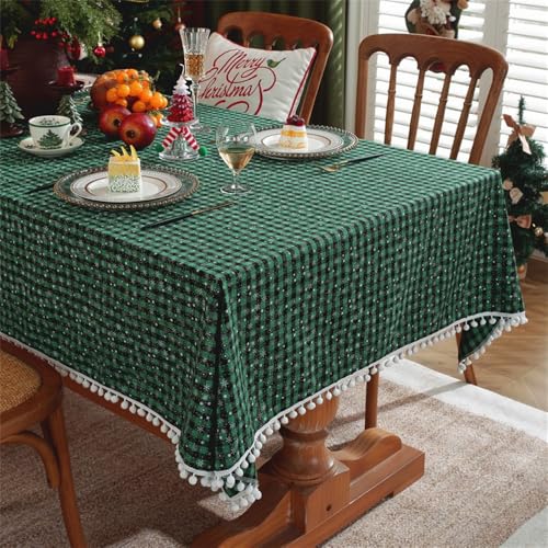 Clothfuna Weihnachtstischdecke, grün karierte Schneeflocke, Weihnachtstischdecke, Schottenkaro-Baumwolle, rechteckig, Weihnachtstischdecke mit Kugelquasten für Party, Urlaub, Esstisch, 140 x 180 cm von Clothfuna