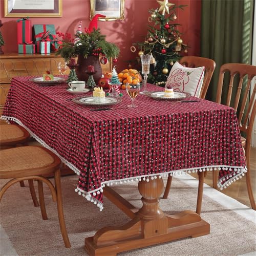 Clothfuna Weihnachtstischdecke, rot karierte Schneeflocke, Weihnachtstischdecke, Schottenkaro-Baumwolle, rechteckig, Weihnachtstischdecke mit Kugelquasten für Party, Urlaub, Esstisch, 140 x 180 cm Clothfuna Weihnachtstischdecke, rot karierte Schneeflocke, Weihnachtstischdecke, Schottenkaro-Baumwolle, rechteckig, Weihnachtstischdecke mit Kugelquasten für Party, Urlaub, Esstisch, 140 x 180 cm von Clothfuna
