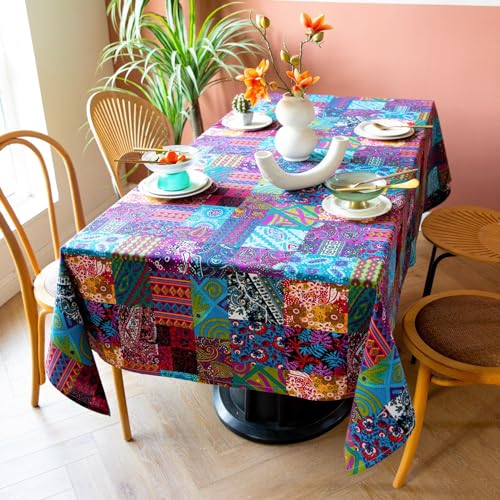 Rechteckige böhmische ethnische Tischdecke, Boho-Patchwork, Schottenkaro-Tischdecke, indisches Blumenmuster, Gingham-Tischdecke, blau-violett, für Küche, Esstisch, Party (99 x 140 cm) von Clothfuna