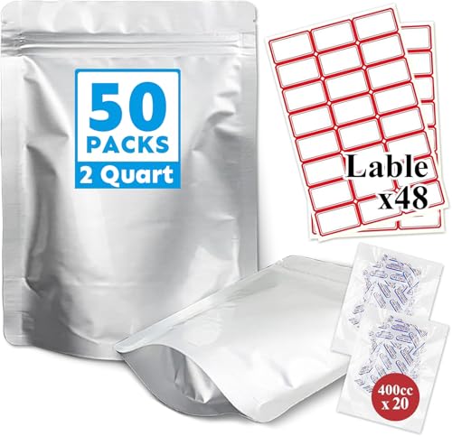 Cloudslucky 50 Stück 20x30cm Mylar Bags mit Sauerstoffabsorbern&Etiketten,10Mil Stand Up Reißverschluss heißsiegelbar Beutel Lagerung Lebensmitteln,Wiederverschließbar Cloudslucky 50 Stück 20x30cm Mylar Bags mit Sauerstoffabsorbern&Etiketten,10Mil Stand Up Reißverschluss heißsiegelbar Beutel Lagerung Lebensmitteln,Wiederverschließbar von Cloudslucky