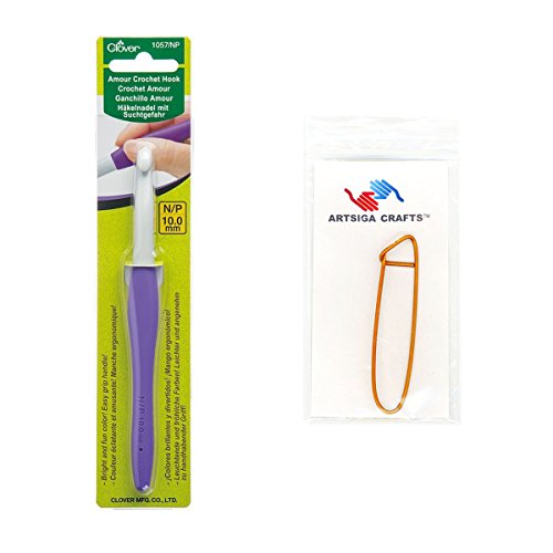 Clover Needlecraft Amour Häkelnadel, Größe N/P/10 mm, Bündel mit 1 Artsiga Crafts Maschenhalter 1057/NP von Clover