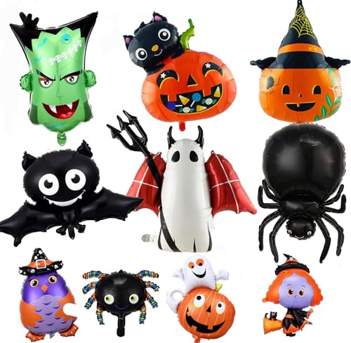 Halloween Luftballons 10 Stück Halloween Folienballons Kürbisse, Spinnen, Gespenster, Fledermäuse, Übergroße Halloween Helium Luftballons für Halloween Party Deko Kinder von CloverCy