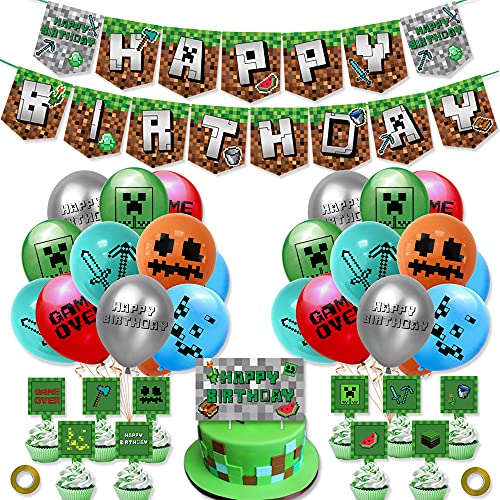 Pixel-Stil Geburtstagsparty-Dekorationen Partyzubehör enthalten Happy Birthday Banner, Cupcake-Topper, Luftballons für Jungen Miner Spiel Geburtstag Party Dekor von CloverCy
