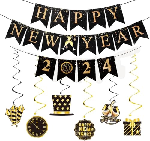 Silvester-Dekorationen, Schwarz-Gold 2024 Happy New Year Banner Hängende Wirbel Luftschlangen für 2024 Silvester Party Dekorationen Supplies von CloverCy