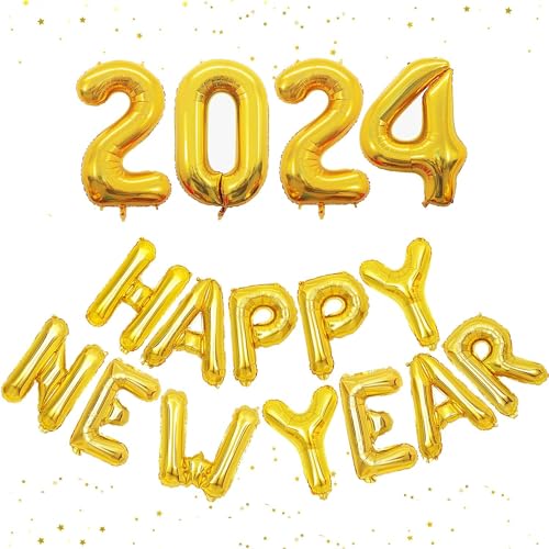 Silvester-Dekorationen, Gold 2024 Happy New Year-Ballon-Banner, 40,6 cm Folienballons Banner für Silvester-Party-Dekorationen von CloverCy