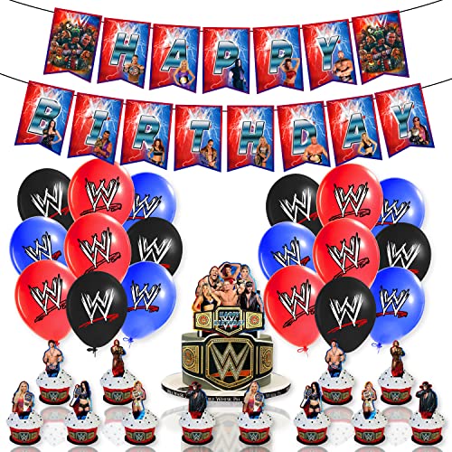 Wrestlinss Geburtstagsparty-Dekorationen, Themenpartyzubehör, Happy Birthday-Banner, Luftballons, Kuchendekoration, Cupcake-Topper für Kindergeburtstagsparty von CloverCy