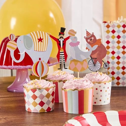 Club Green Circus Food Picks & Food Cup Set (12 Stück) - Lustiges Partygeschirr mit Zirkusmotiv für Leckereien & Snacks von Club Green