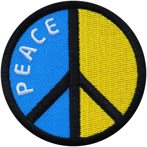 2 x Peace Zeichen rund gestickt 62 mm/Ukraine Flagge Gelb Blau Frieden Krieg/Patch Patches Aufbügler Aufnäher Bügel-Flicken Applikation zum Aufbügeln Aufnähen auf Kleidung Rucksack von Club of Heroes