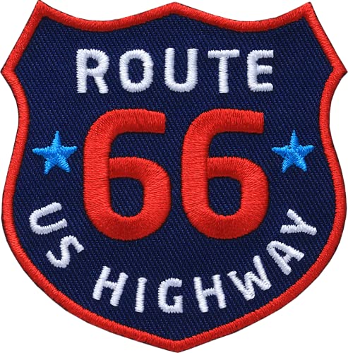 2 x Route 66 US Highway gestickt 60 x 61 mm/USA Amerika Road Tour Caravan Van Life/Abzeichen Aufbügler Aufnäher Flicken zum Aufbügeln Aufnähen auf Kleidung Rucksack/Club of Heroes von Club of Heroes